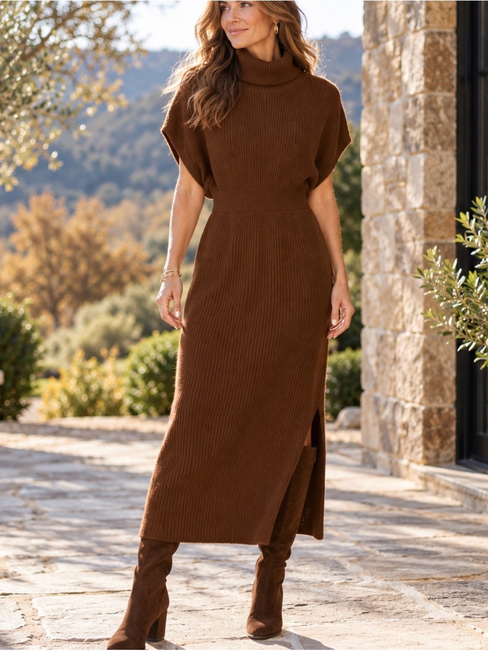 Splendid Marigold Cashblend Sweater Dress M Brown Wool Cashmere Midi Minimalist